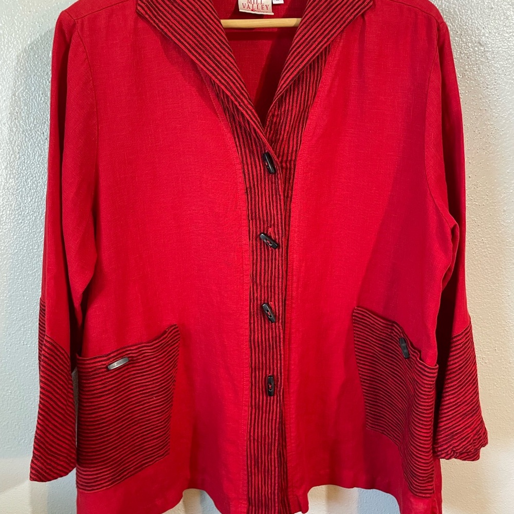 Mill Valley Linen Knit Jacket Red Button Pockets Large USA Cottagecore Classic